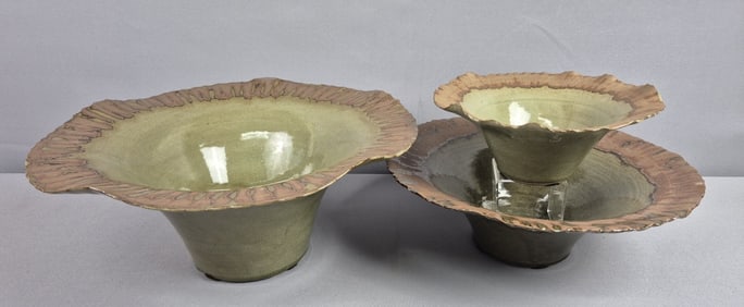 Trio of Decorative Glazed Ceramic Bowls Largest one measures 15.5 x 6.5 inches tall. Middle sized