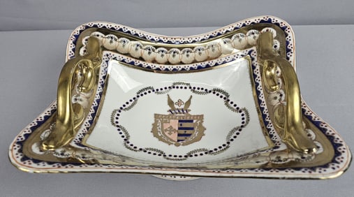 Chinese Decorative Dish Adorned with Coat of Arms Measures 11 inches wide. Crazing. Paint worn,