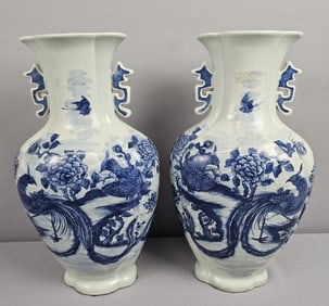 Vintage Pair of Large Blue and White Chinese Vases 14.5 inches tall. Free from chips or cracks. Some