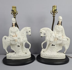 Mid 19th Century English Staffordshire Prince Albert & Horse Figurines Mounted on Table Lamps