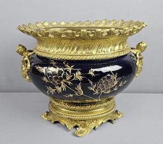 Vintage Cobalt Blue Enameled Brass Centerpiece Decorative Oval Dish