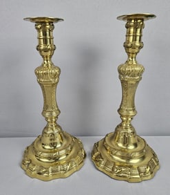 Vintage Pair of Ornate Brass Weighted Candlesticks 14 inches tall. Please see images for details