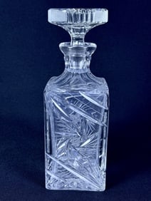 Vintage Cut Glass Crystal Decanter Pinwheel Pattern. 9 x 3 x 3 inches with stopper. 7.5 inches tall