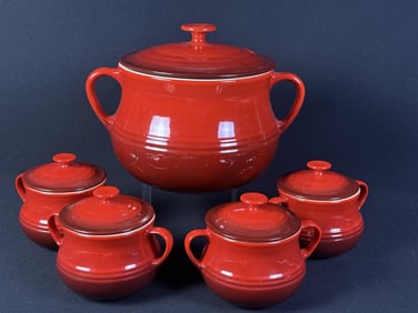 Le Creuset Stoneware Soup Bean Pot Set large pot measuring 6.5 inches tall without lid 10 inches