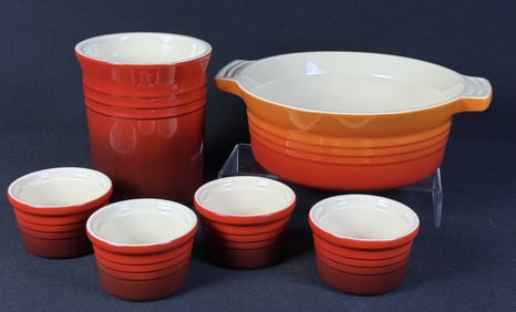 Le Creuset Stoneware Casserole Custard Cups Utensil pot. Casserole measures 8.5 inches wide 3 inches