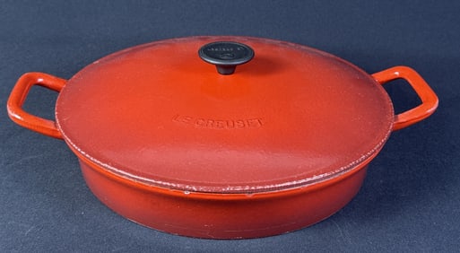 Vintage Le Creuset Enameled Cast Iron Skillet #32 12.5 x 2.5 inches. Some utensil marks present.