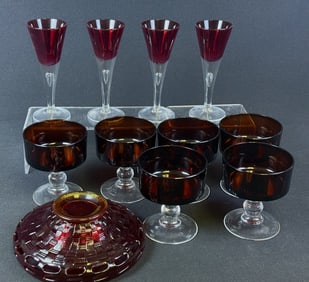 Vintage Ruby Red Stemmed Glass Mixed Lot Four stemmed shot glasses measuring 5.5 inches tall by 2.25