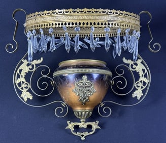 Antique Brass & Copper Hanging Oil Lamp Please refer to photos for item details and condition