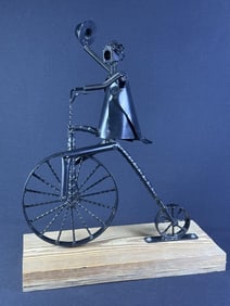 Metal Bicycle & Rider Folk Art Sculpture Maker unknown. Constructed from rebar, nuts, bolts, nails