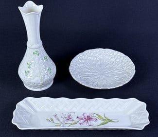 3 Pcs Belleek Parian China Made in Ireland Setanta Vase measuring 7 x 3 inches.