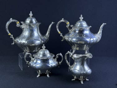 Reed Barton Georgian Rose Sterling Silver Tea Set Two pots 8 and 9.5 inches tall. creamer 5.5 inches