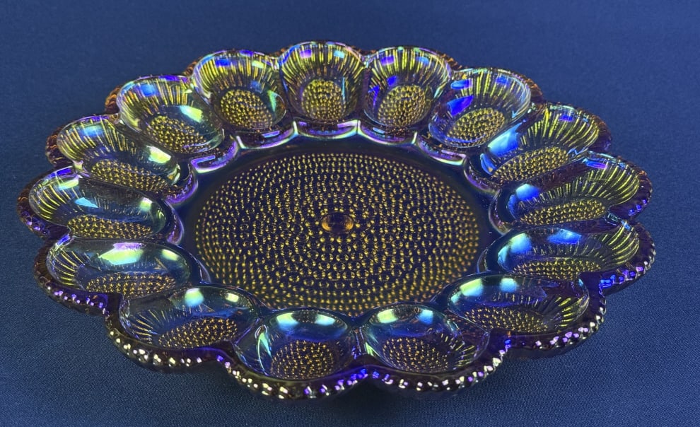 Vintage Amber Carnival Glass Egg Platter No makers mark.: No makers mark. Good condition, free from damage. 11 x 1.5 inches.