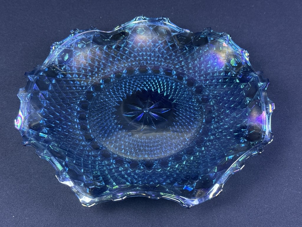 Indiana Glass Company Blue Iridescent Platter No chips or cracks. Some utensil marks.: No chips or cracks. Some utensil marks. 10.5 x 1.5 inches