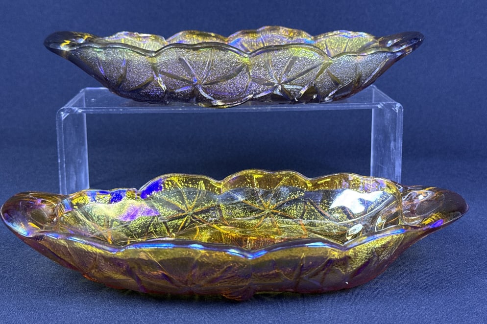 Vintage Amber Carnival Candy Dish x2 Daisy patterned. One with open handles one without. (1 of 4)