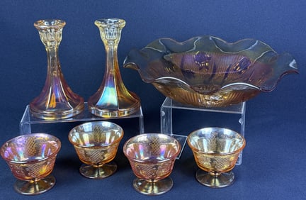 Mixed Lot Vintage Carnival Glass Two candlesticks, 4 custard cups and one fluted bowl.
