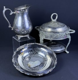 Mixed Lot Silverplate Pitcher Bowl Chafing Dish Wm Rogers water pitcher measures 9.5 x 6 x 8