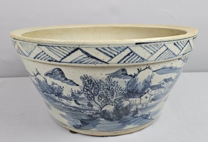 Large Blue and White Chinese Pottery Planter Pot Measures 15.5 x 7.5 inches tall. Crazing, free from