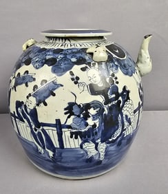 Vintage Chinese Blue & White Lidded Water Vessel 10 x 10 inches tall. Chip on spout. Cracking on the