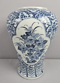 Vintage Large Blue & White Floral Pottery Vase Measures 16 inches tall. Free from damage. Please see