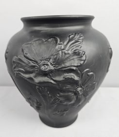 Black Tiffin Poppy Flower Satin Art Glass Vase Measures 9 inches tall. Unmarked. Scratches and