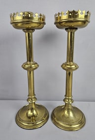 Pair of 18 Inch Weighted Brass Candlesticks Some marks and tarnishing. Please see images for details