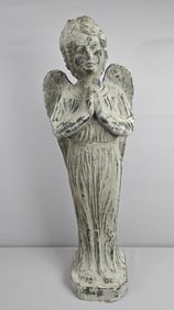 Large Concrete Decorative Praying Angel Statue 33 inches tall. Chips and cracks around bottom rim