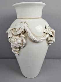 Large White Italian Grape Vine Pattern Vase 19 inches tall. Dirty, few leaves broken. Please see