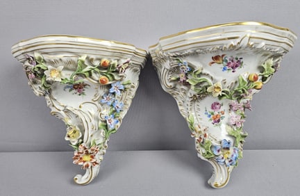 Vintage Pair of Dresden Porcelain Wall Brackets 8 inches tall. Several flower petals and leaves