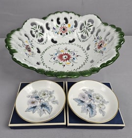 Floral Portuguese Reticulated Bowl & Pair of Royal Worcester Fine Bone China Small Plates Trinket