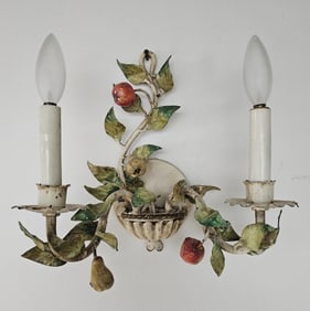 Vintage Metal Leaf & Fruit Wall Sconce 10 inches tall. Untested.