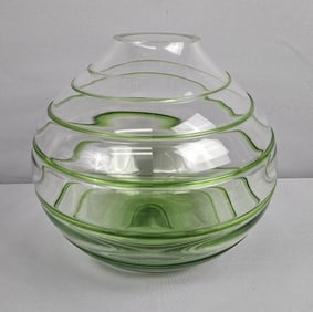 Large Green Swirl Glass Bowl Vase Measures 10 x 10.5 inches tall. Unmarked. Free from chips and