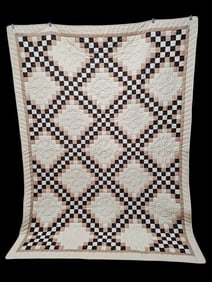 Vintage Brown Double Irish Chain Quilt Measures 76 x 56 inches. One small tear and stain. Please see