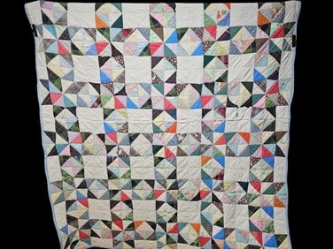Vintage Colorful Scrappy Sample Quilt Measures 80 x 68 inches. Multiple tears and repairs. Frayed