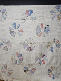 Vintage Colorful Dresden Plate Quilt Measures 75 x 62 inches. Multiple patches/fabric missing.