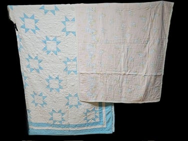 Pair of Vintage Handmade Quilts Pink one measures 52 x 40 inches. Blue one measures 84 x 68 inches.