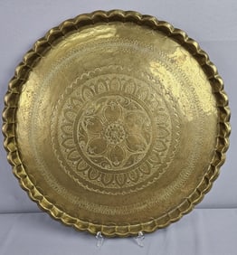 Vintage Round Etched Brass 25 Inch Serving Tray Tarnished. Unmarked. Please see images for details