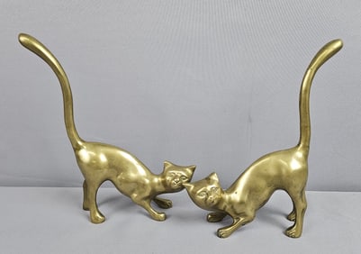 Pair of Solid Brass Siamese Cat Figurines 9 inches tall. Some tarnishing and marks. Please see