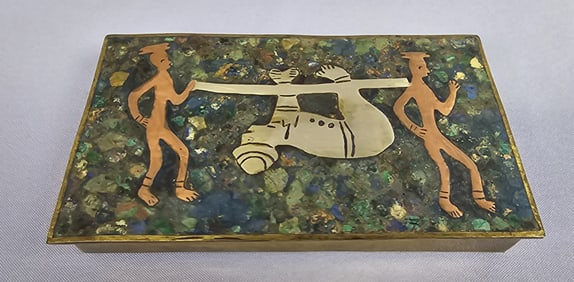 Mexican Brass & Wood Art Box Container Measures 7 x 4 inches. Small dents. Please see images for