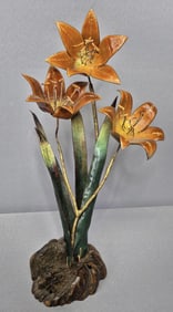Vintage Signed Copper Metal Enamel Flowers on Wood Unknown signature. 12 inches tall.