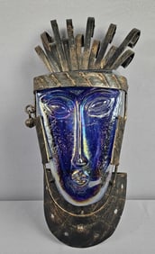 Mid Century Kosta Boda Tribal Art Glass Face Mask Candle Holder