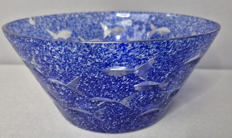 Vintage Cobalt Blue Etched Fish Glass Bowl Measures 9 x 4 inches tall. Unmarked. Chip around the