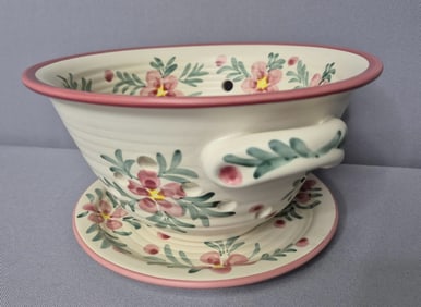 New Debco Floral Ceramic Colander Bowl with Plate Bowl is 4 inches tall. Few small stains and marks,
