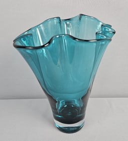 Vintage Lenox Blue Glass Vase Measures approximately 8 inches wide at the top x 11 inches tall. Some
