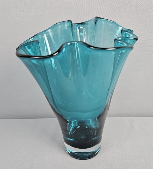 Vintage Lenox Blue Glass Vase Measures approximately 8 inches wide at the top x 11 inches tall. Some: Measures approximately 8 inches wide at the top x 11 inches tall. Some scuffs on the bottom. Free from chips and cracks. Please see images for details regarding the condition.