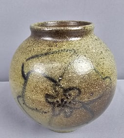 Vintage Black Flower Outline Jugtown Pottery Stoneware Vase