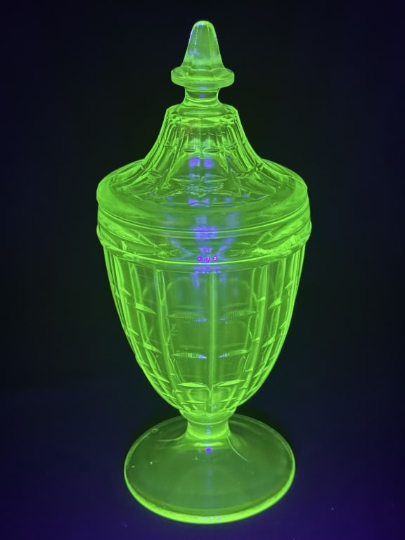Vintage UV Uranium Glass Lidded Candy Dish 8.5 inches tall including lid. 3.5 inches wide. (1 of 4)