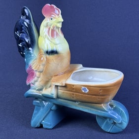 Vintage Royal Copley Rooster Wheel Barrow Planter 8 x 8.5 x 3 inches.