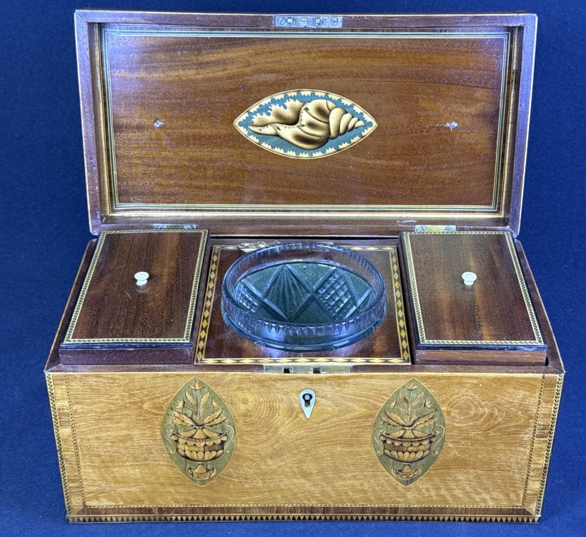 Antique Inlaid Wooden Tea Caddy With key. Measures 12 x 6 x 6 inches. (1 of 9)