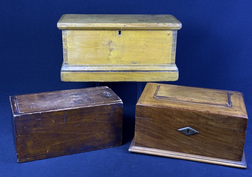 Antique Wooden Boxes Slider top box measures 10 x 4.5 x 4.75 inches.: Slider top box measures 10 x 4.5 x 4.75 inches. Light colored box measures 12.65 x 6 x 6.25 inches. Veneered box measures 10.75 x 7.25 x 5.25 inches. Signs of age/wear on each please refer to photos f