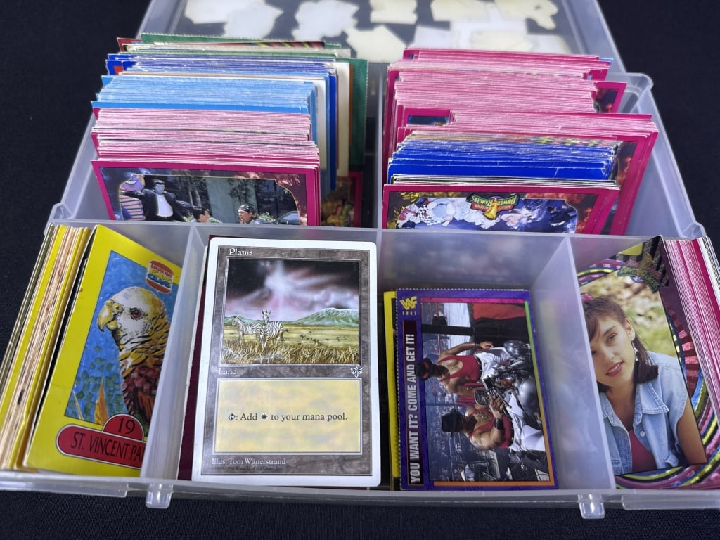Mixed Lot Non Sports Cards WWF Power Rangers Magic the Gathering, Jurassic Park and others. Not: Magic the Gathering, Jurassic Park and others. Not thorough examined or inventoried. 10 x 7 x 3 inches.
